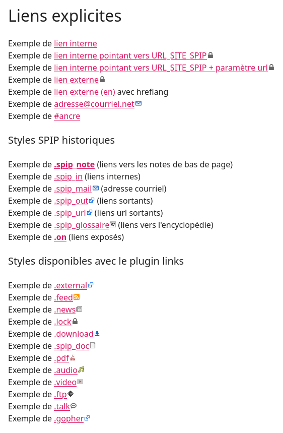 Capture d'écran de l'affichage des liens et des pictogrammes adjacents